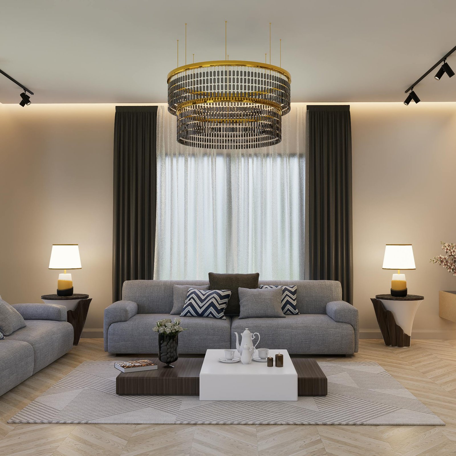 Stylish modern living room featuring elegant furniture and a stunning chandelier.