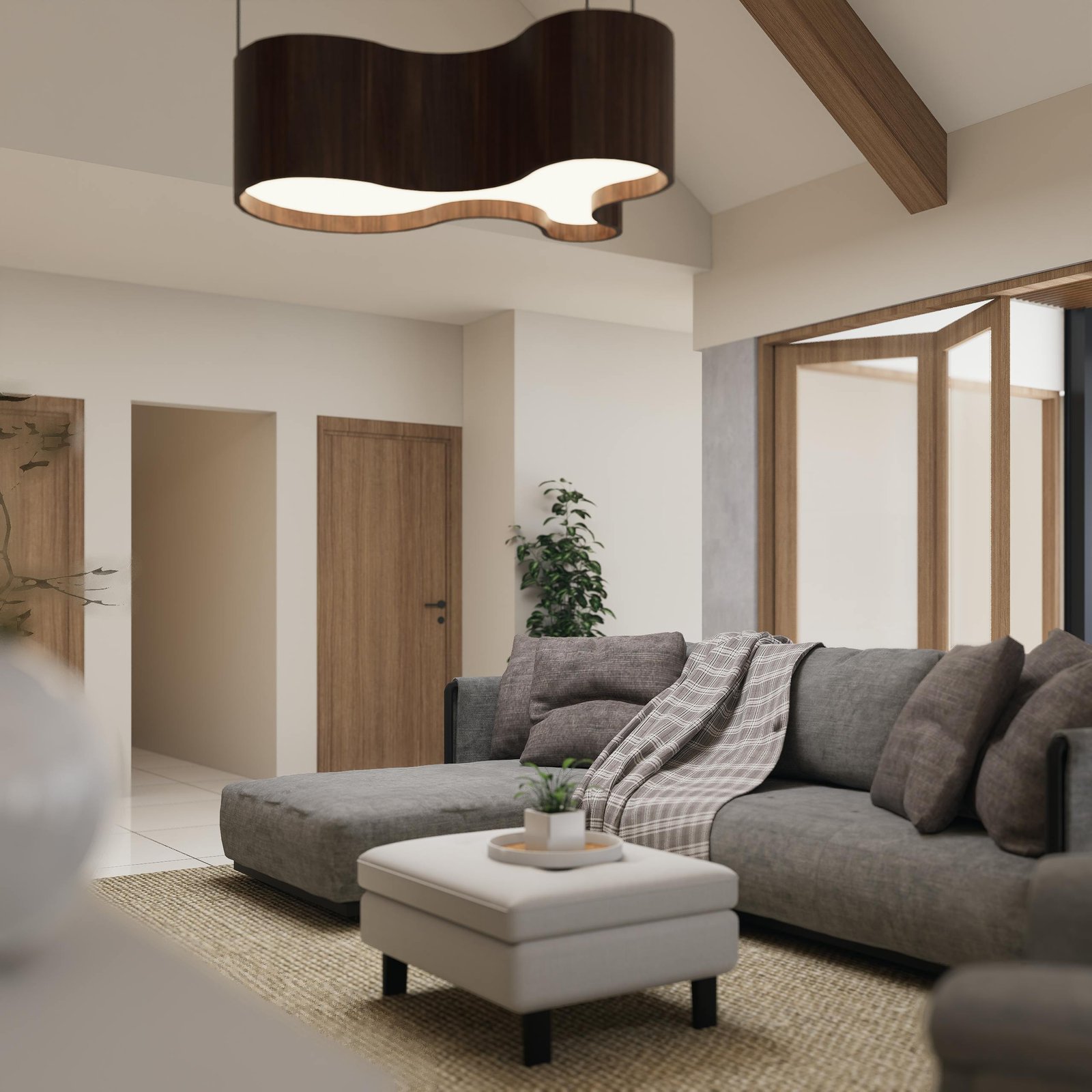 Stylish living room featuring modern design, cozy seating, and unique lighting.