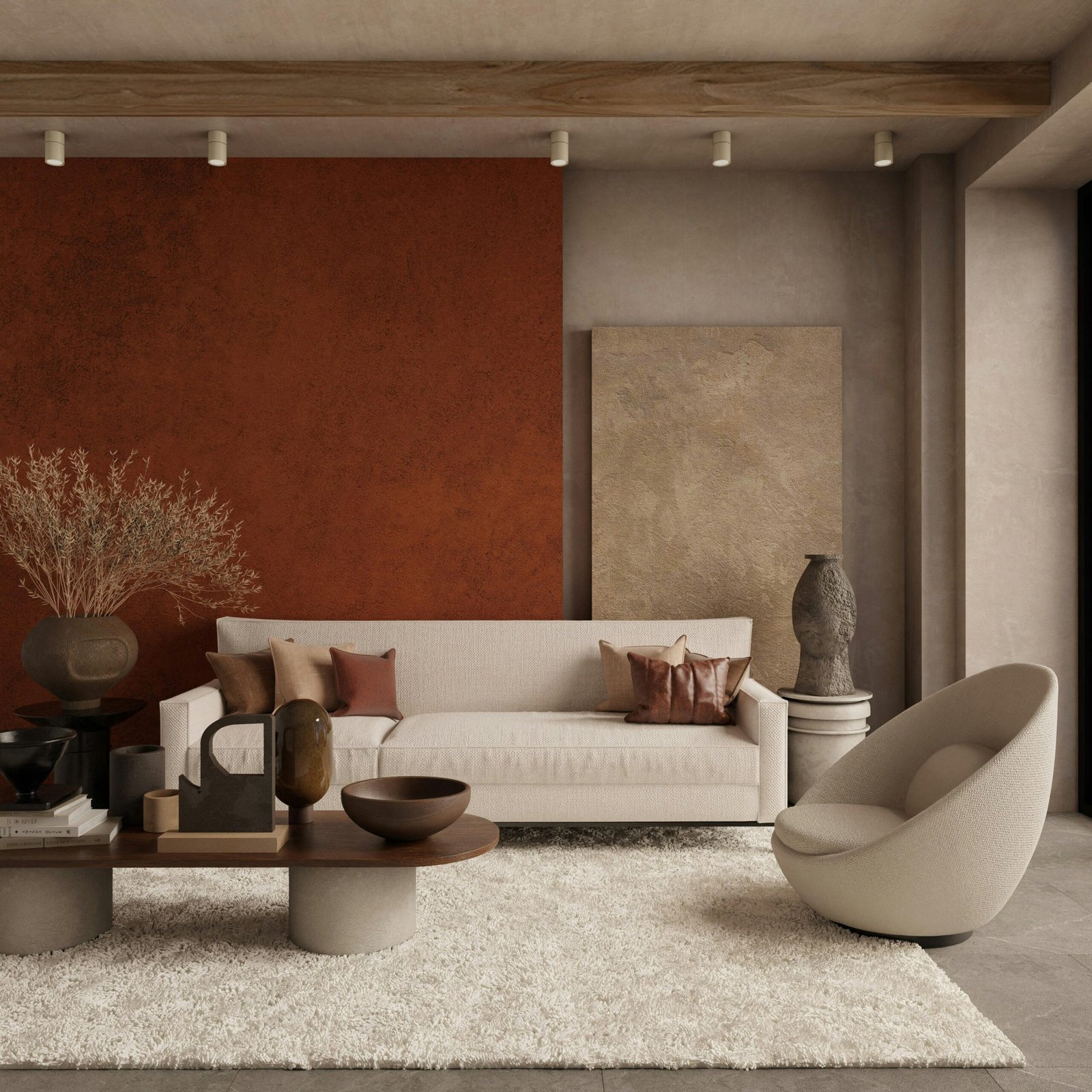 Stylish modern living room showcasing minimalist design in warm earth tones.